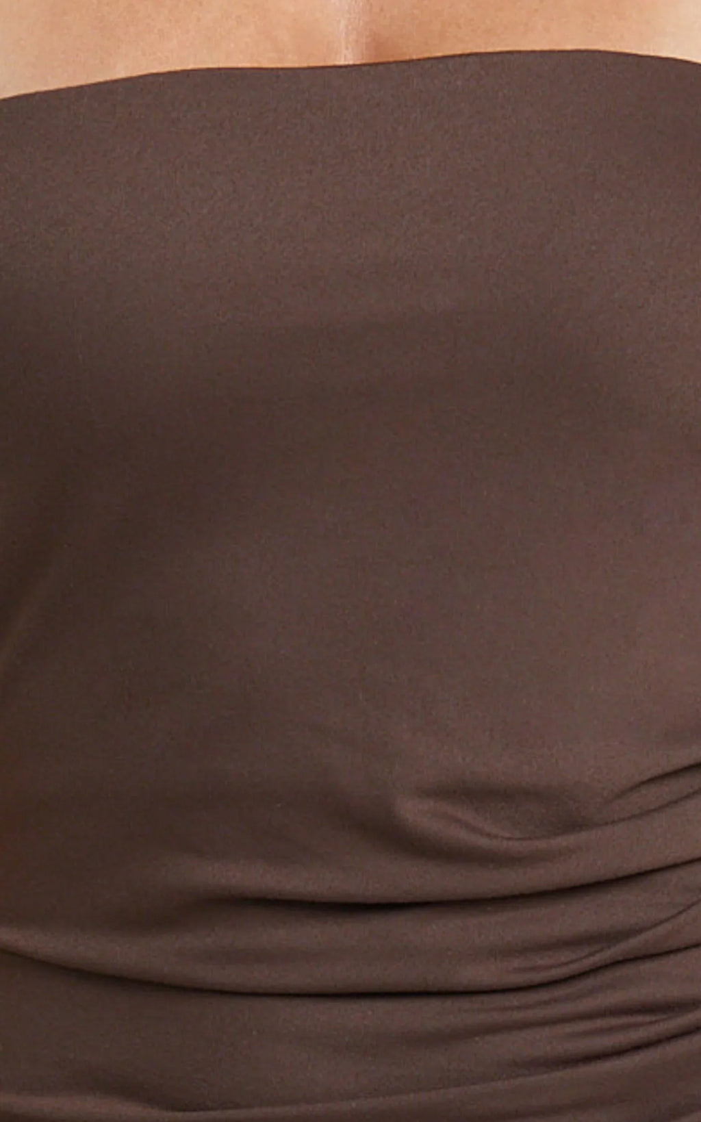 Natasha Midi Dress - Strapless Ruched Column Dress in Chocolate