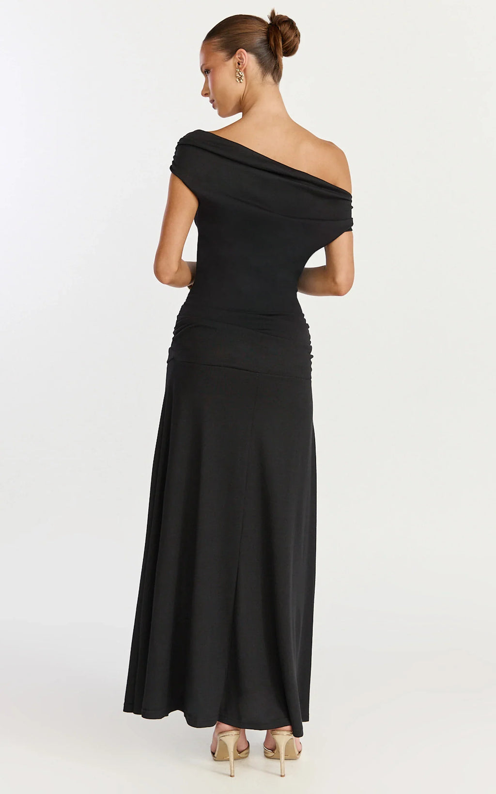 Ophelia Maxi Dress - Off Shoulder Ruched Fit And Flare Dress in Black