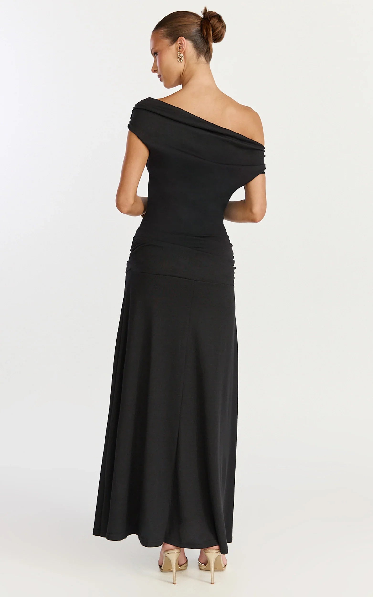 Ophelia Maxi Dress - Off Shoulder Ruched Fit And Flare Dress in Black
