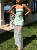Aleda Sheer Lace Detail Strapless Maxi Dress Sage