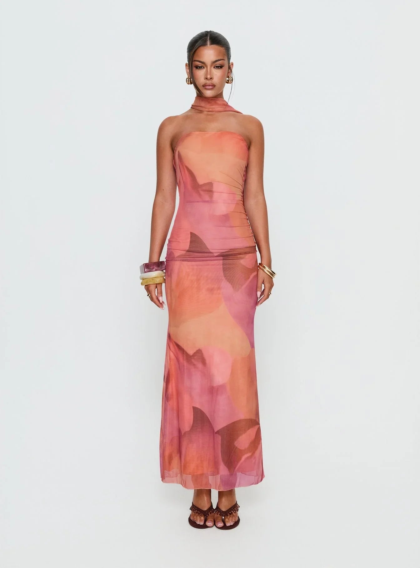 Davynn Scarf Detail Strapless Maxi Dress Pink Multi