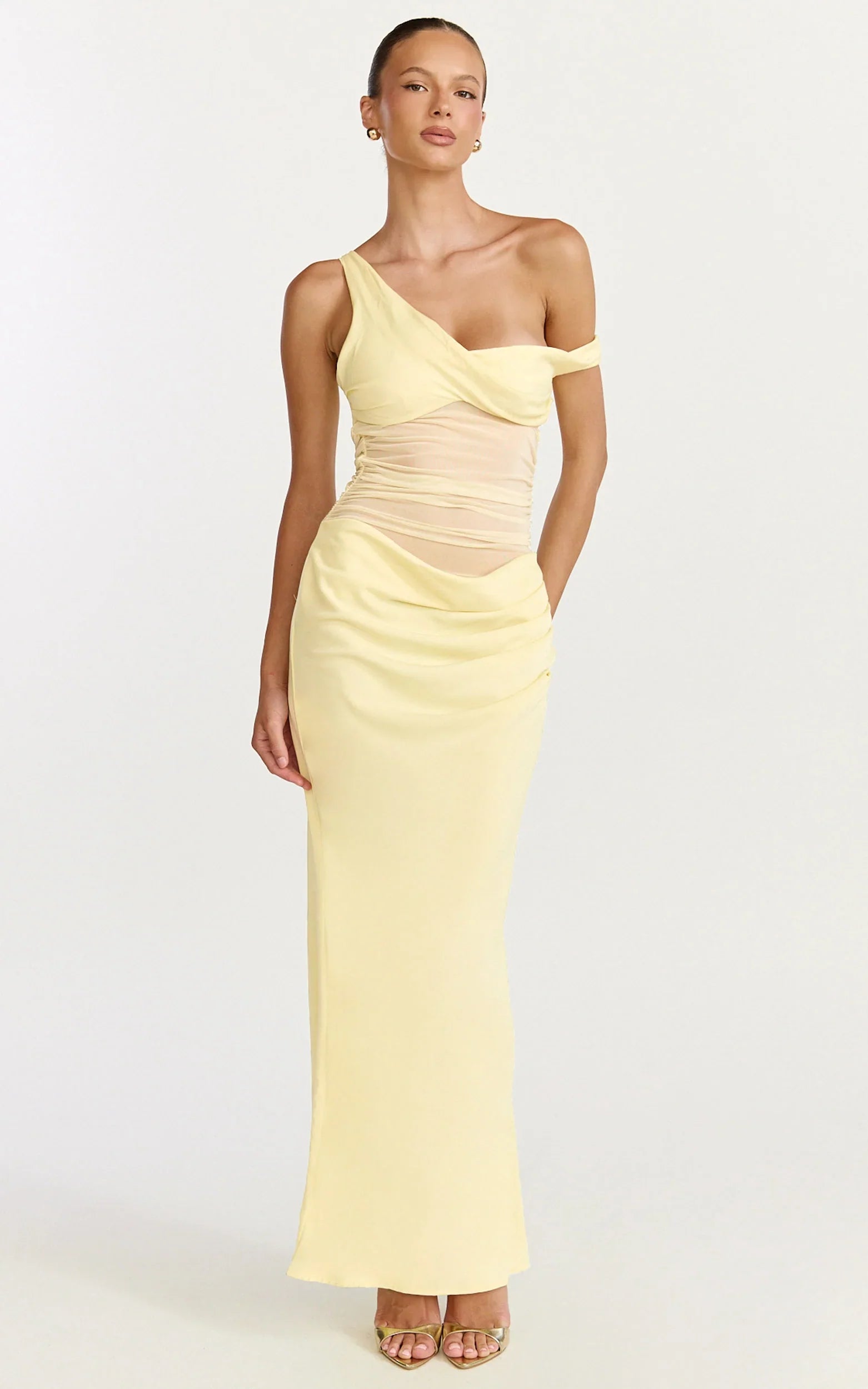 Elias Maxi Dress - Twisted One Shoulder Cowl Dropped Waist Dress in Lemon