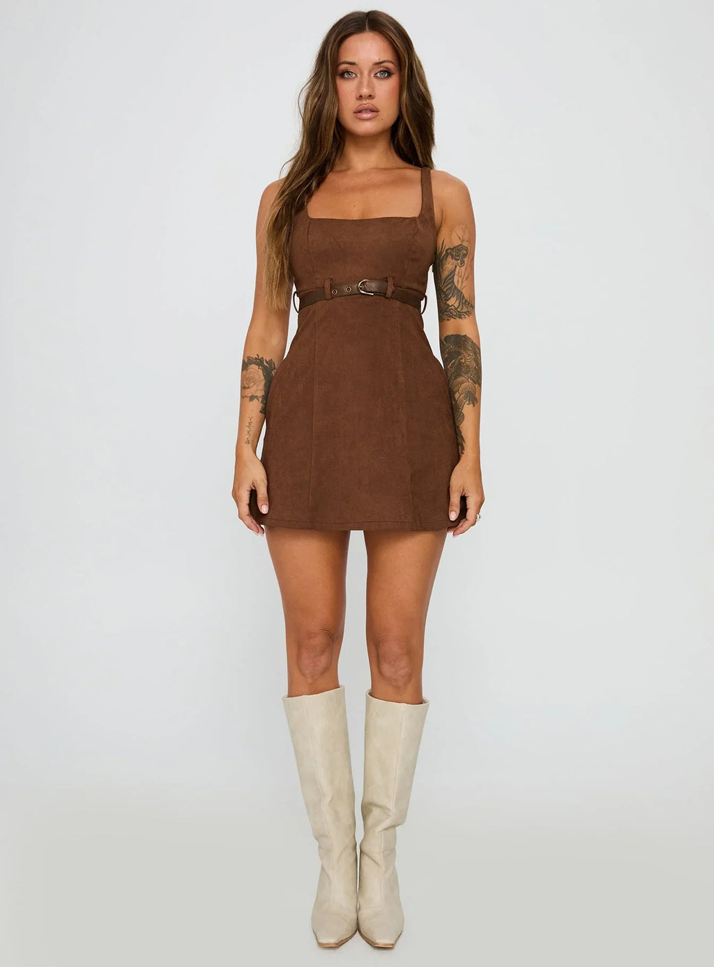 Way Back In Faux Suede Mini Dress Brown