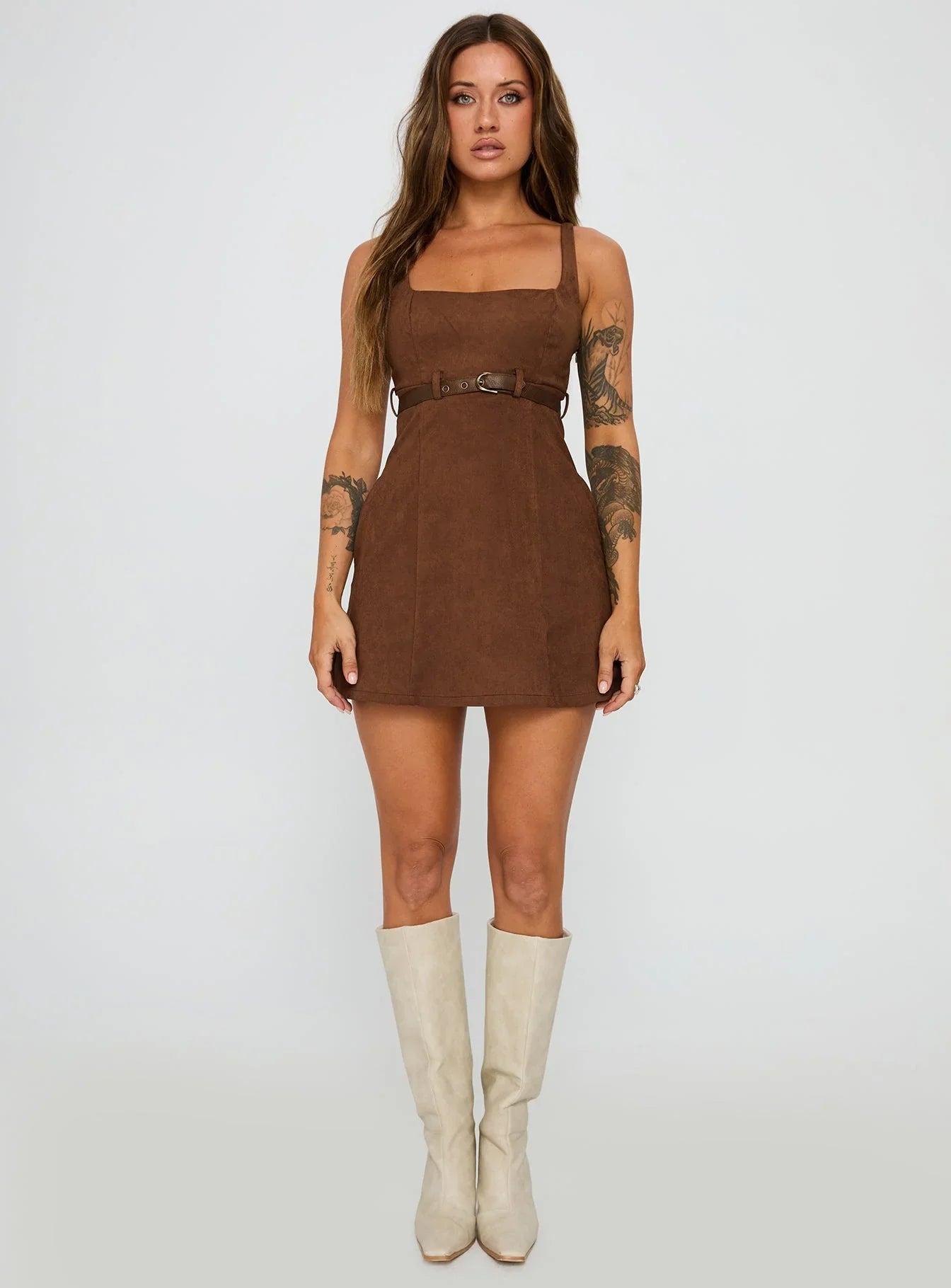 Way Back In Faux Suede Mini Dress Brown