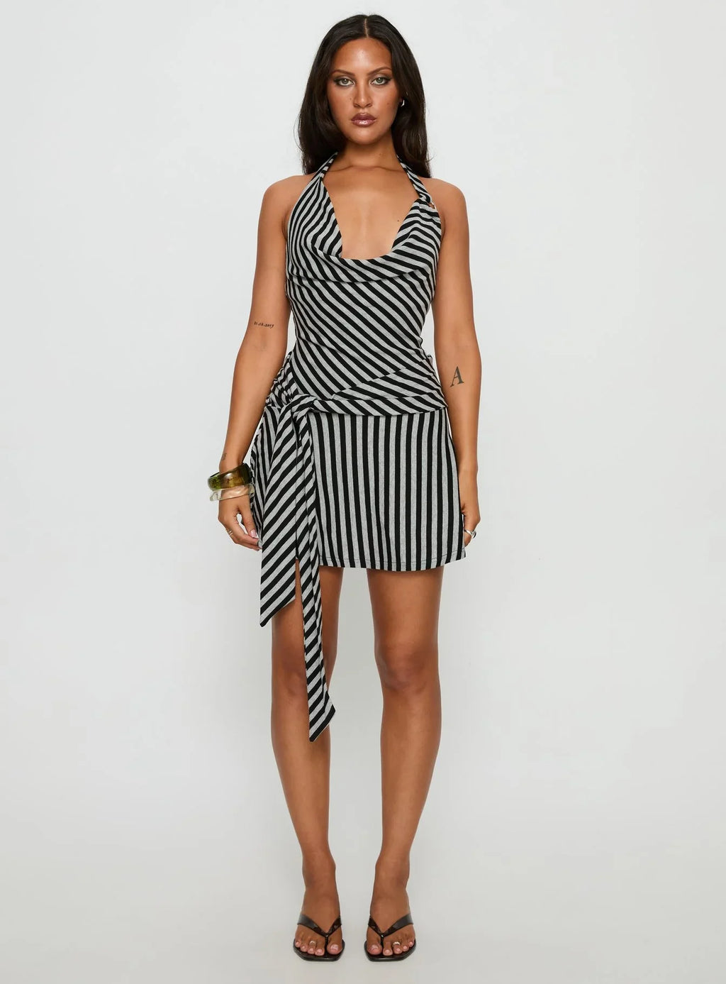 Terika Plunge Neck Halter Mini Dress Grey / Black