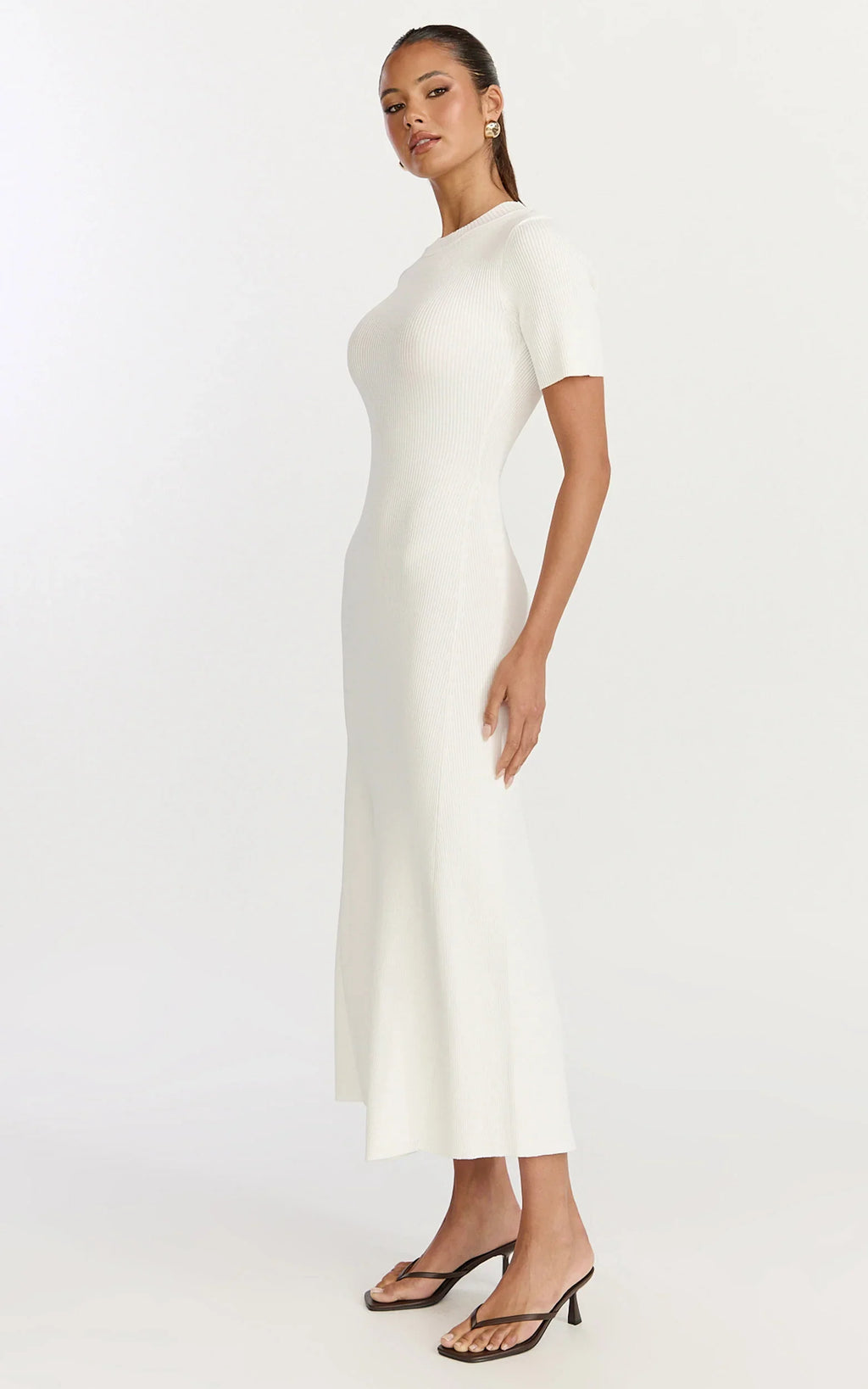 Lanie Midi Dress - Knitted Crew Neck Short Sleeve Dress in Cream