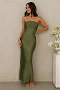 The Seraphina Strapless Satin Maxi Dress Olive