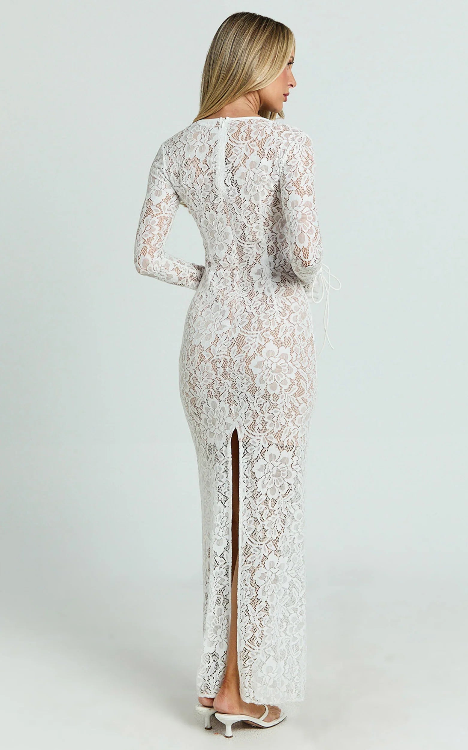 Paula Midi Dress - Lace V Neck Long Sleeve Column Dress in White
