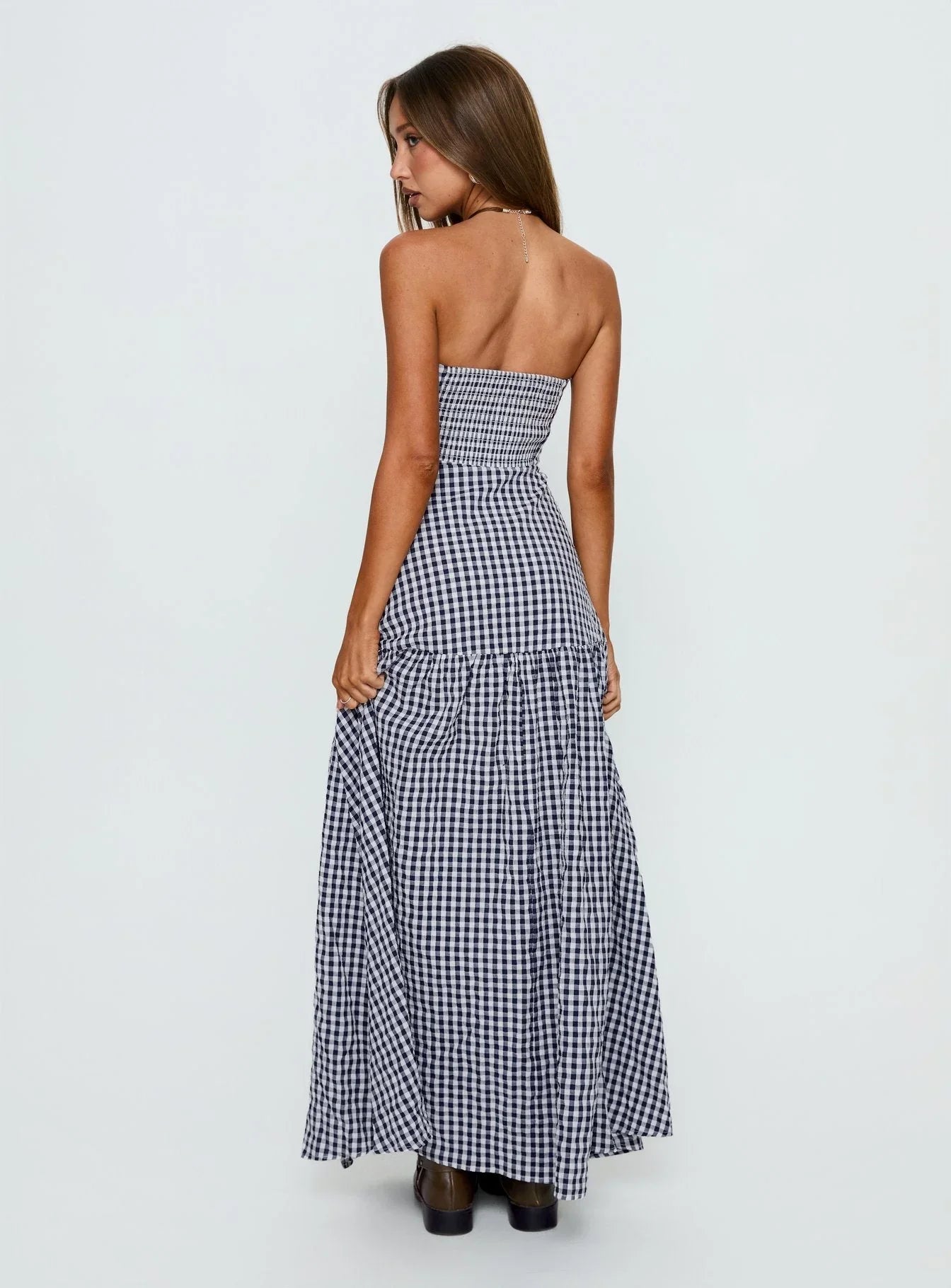 Luckystar Strapless Sweetheart Maxi Dress Navy Gingham