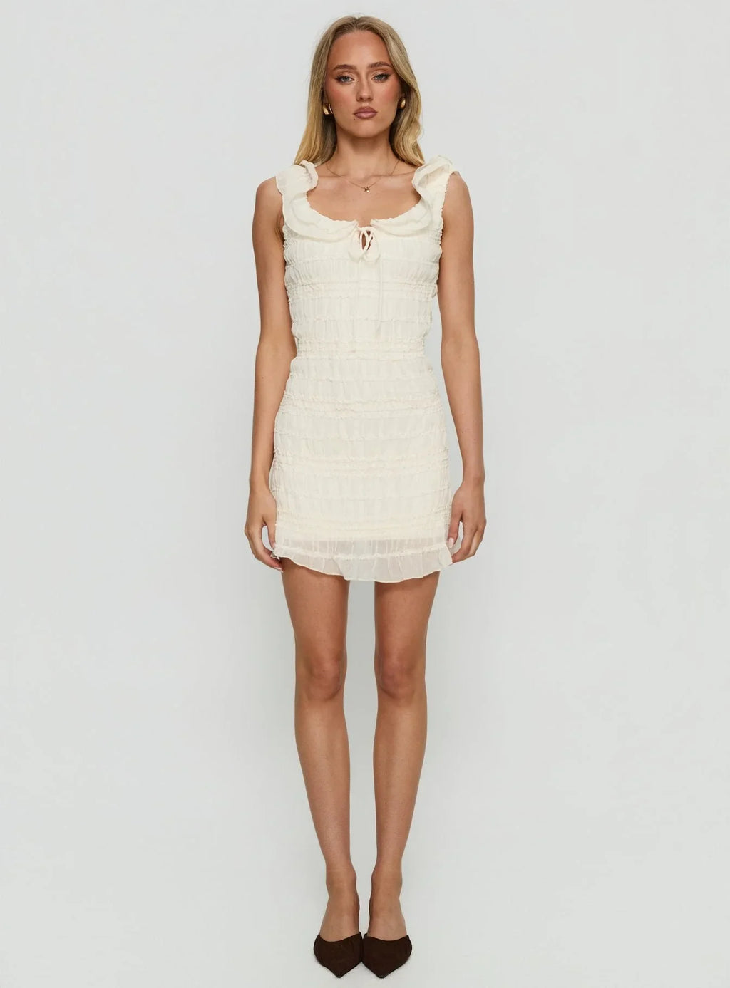 Elenore Frill Textured Mini Dress Cream