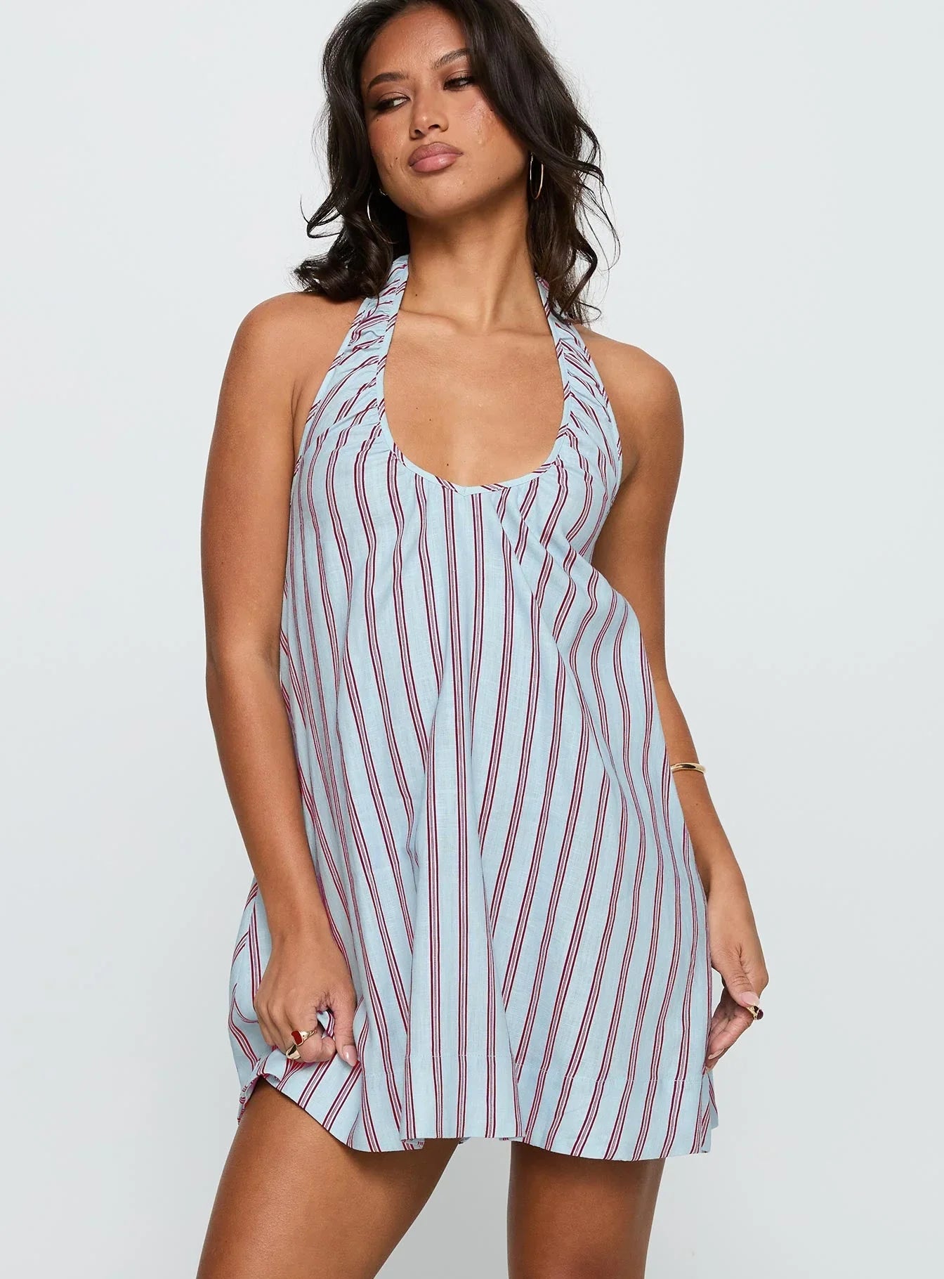 Daydreams Linen Blend Halter Mini Dress Blue / Maroon Stripe