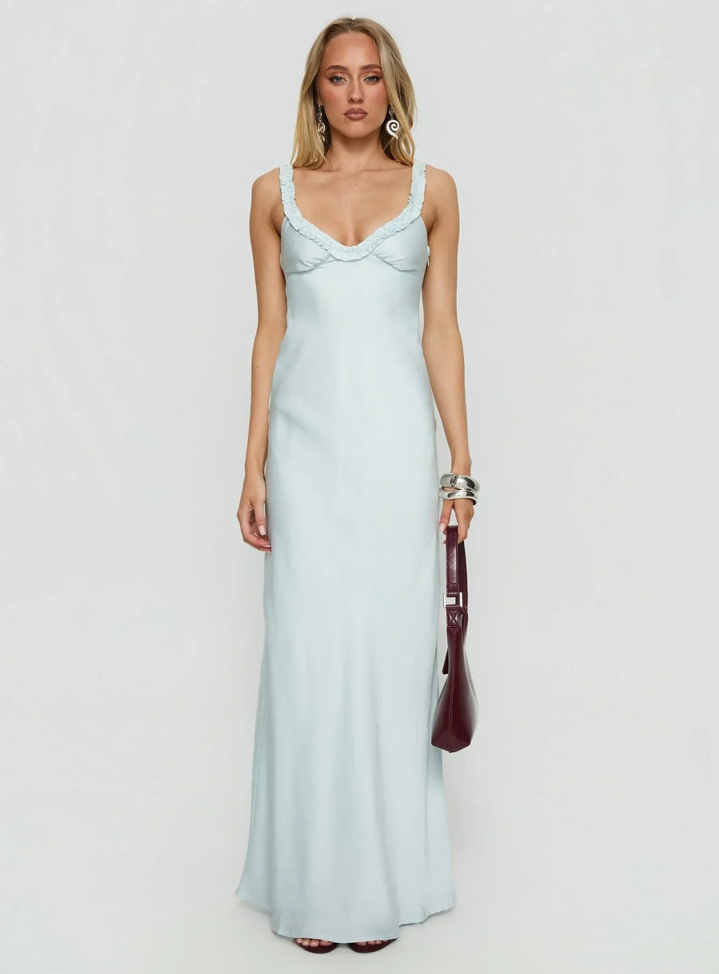 Baley Satin Bias Cut Frill Maxi Dress Blue