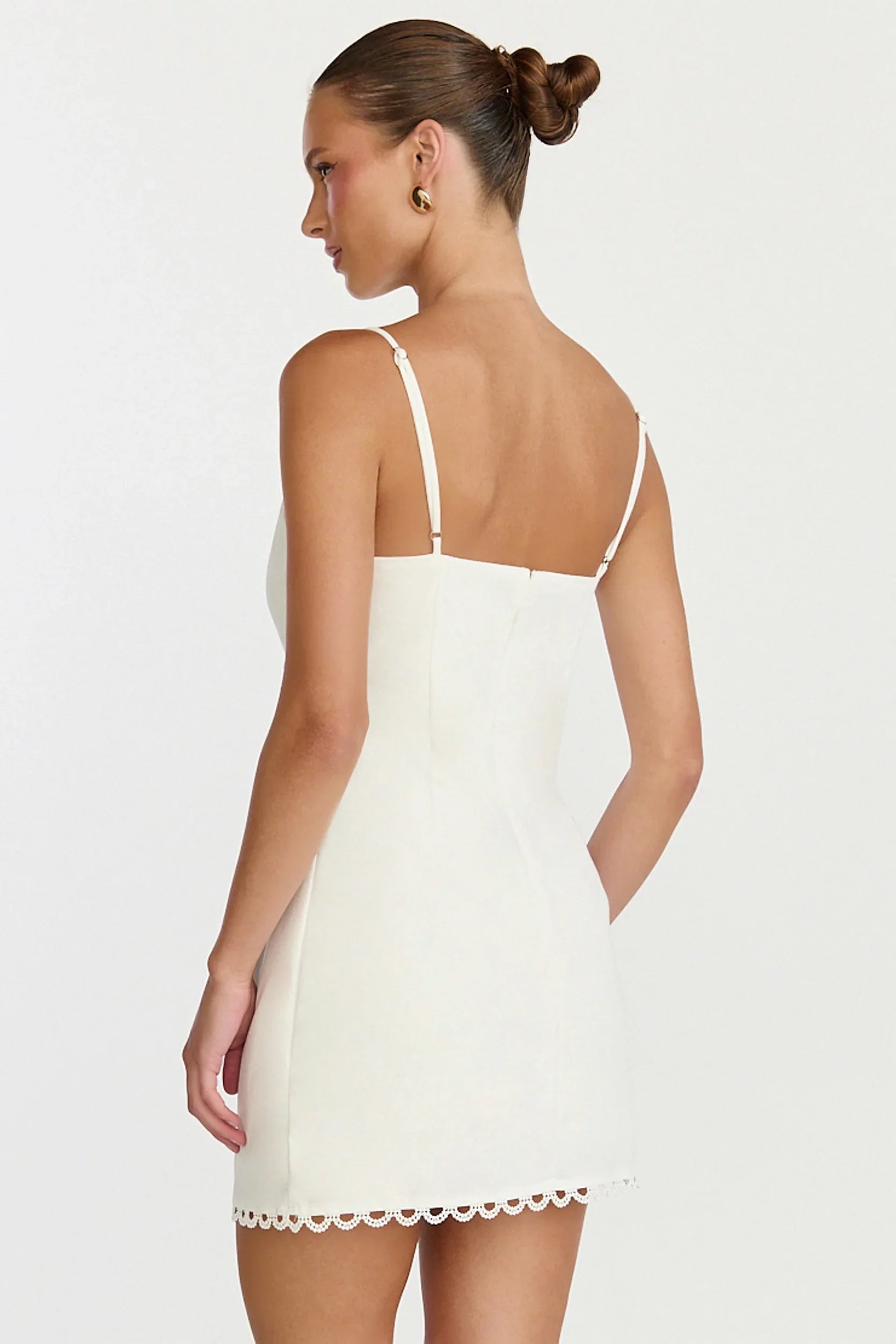 Loya Mini Dress - Scallop Lace Trim Mini Dress in Off White