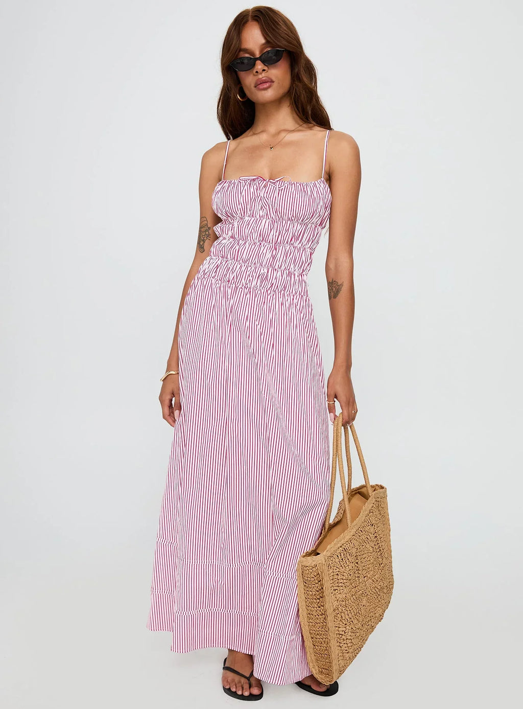 Loralei Shirred Maxi Dress Red Stripe