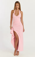 Lani Midi Dress - Scooped Neckline Draped Skirt Halter Dress in Pink
