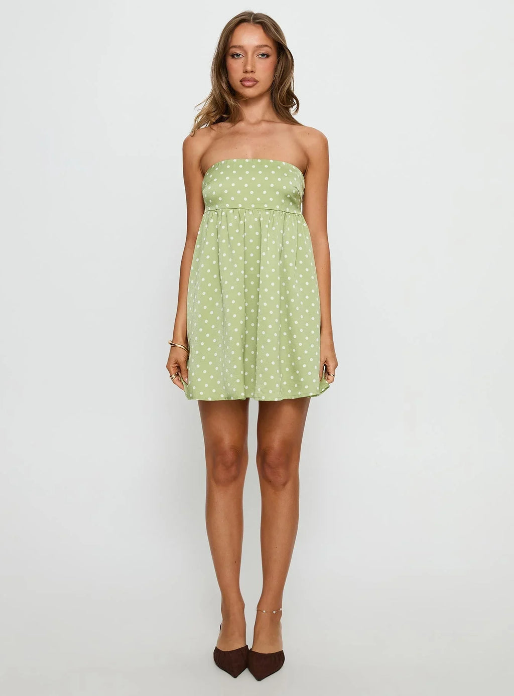 Follow the Dream Strapless Mini Dress Green Polka Dot