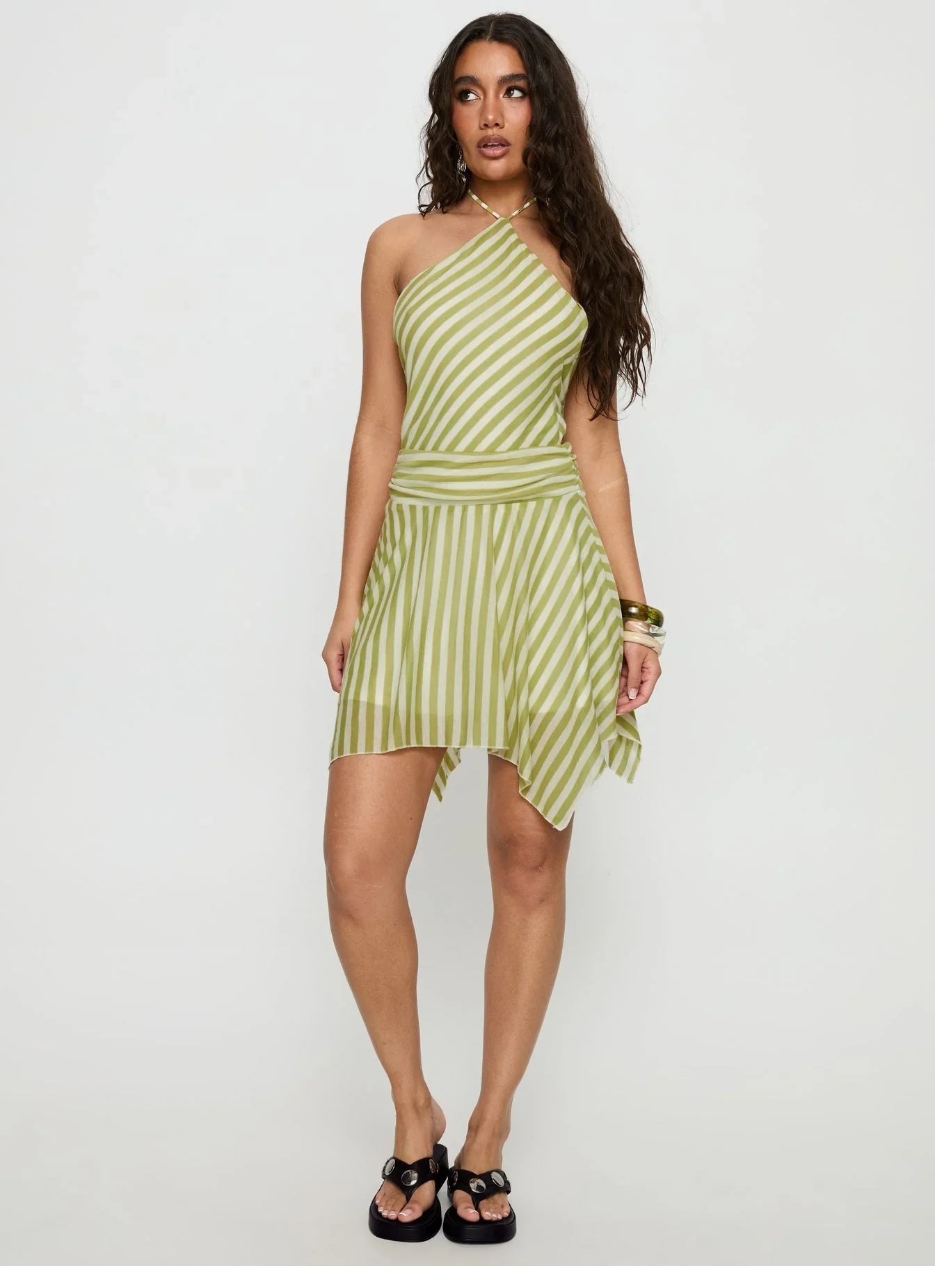 Sadana Arrowhead Asymmetrical Mini Dress Green Stripe