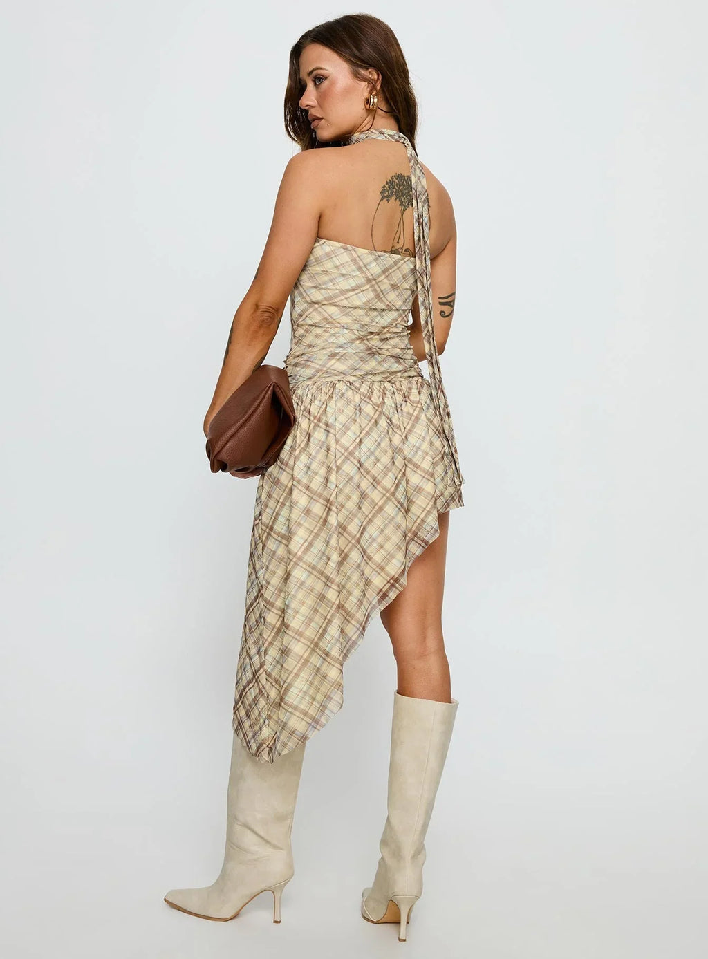 Cambria Strapless Scarf Midi Dress Yellow Check