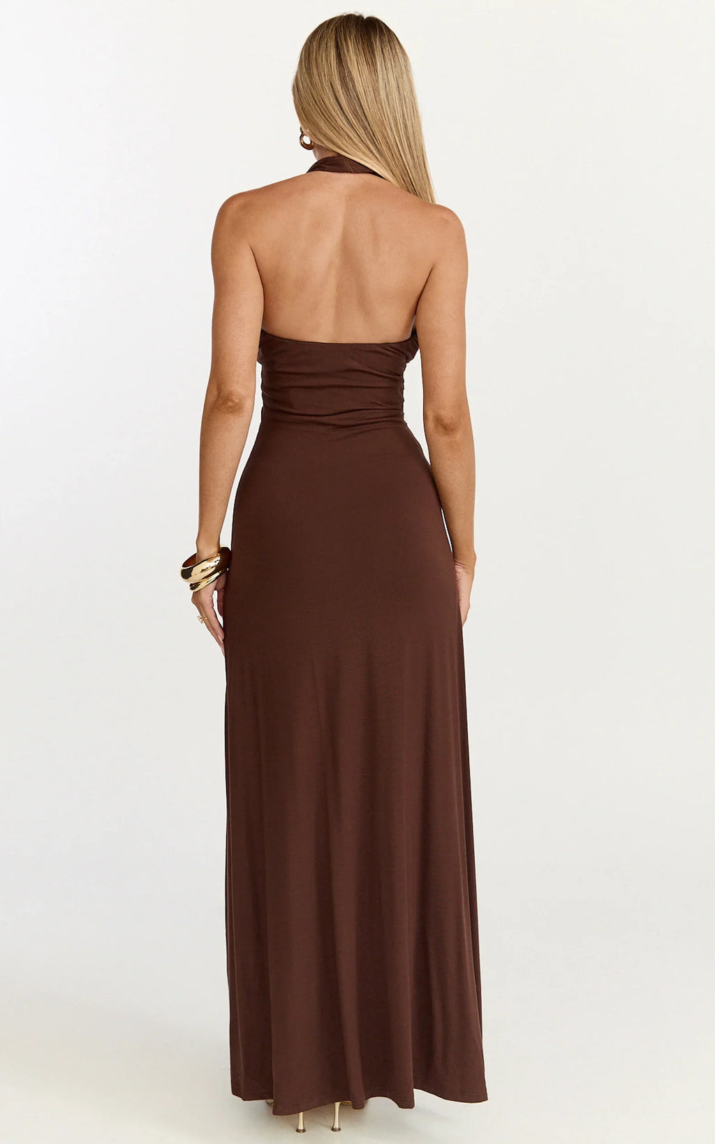 Odile Maxi Dress - U Halter Neck Dress in Chocolate