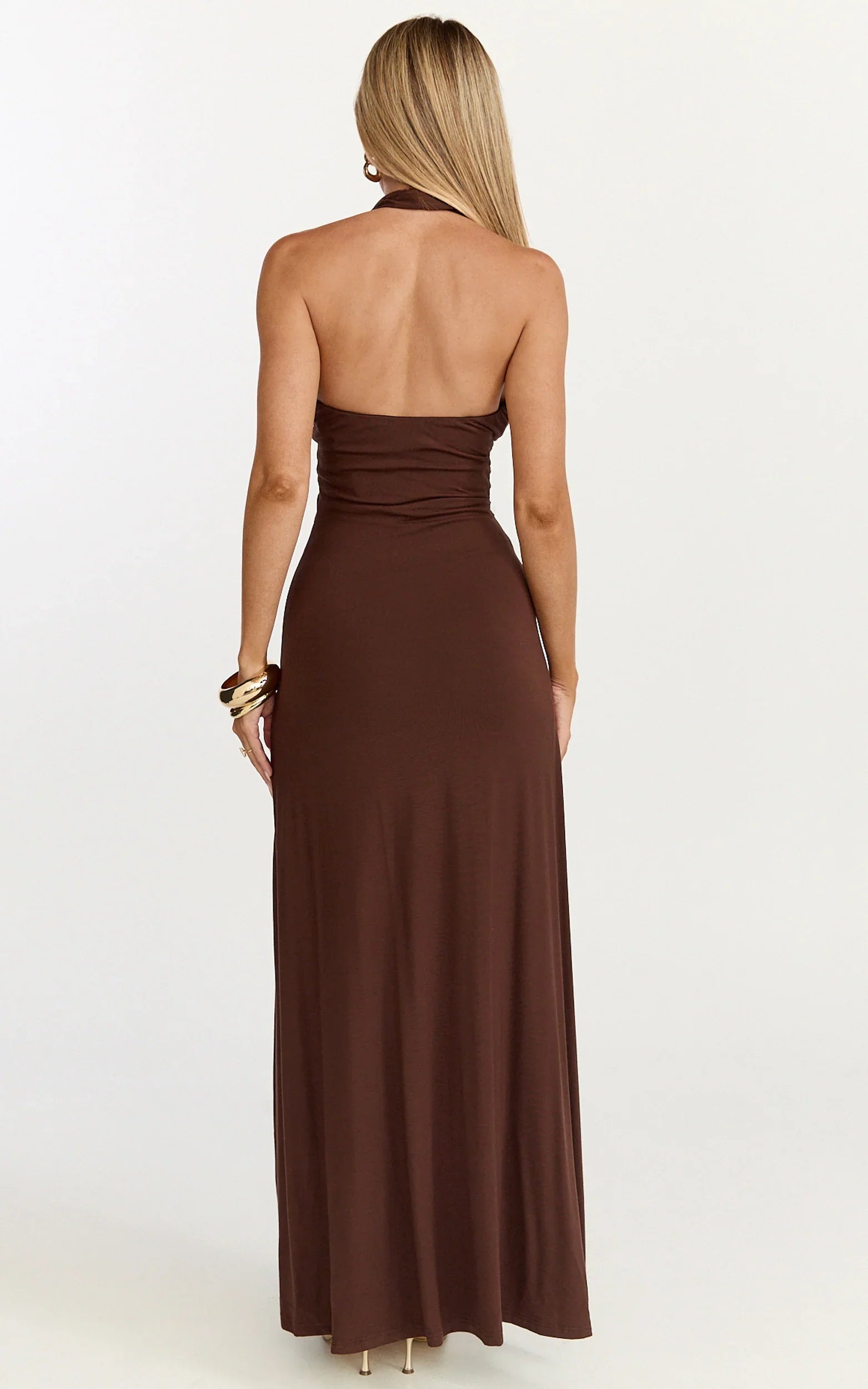 Odile Maxi Dress - U Halter Neck Dress in Chocolate