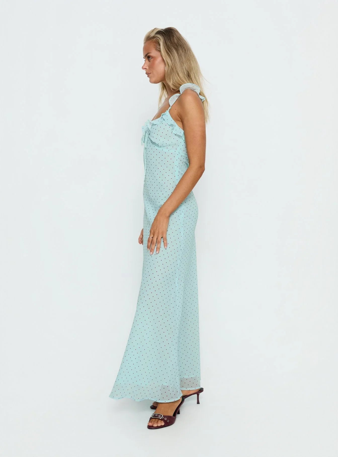 Aryelle Chiffon Frill Maxi Dress Blue Polka Dot