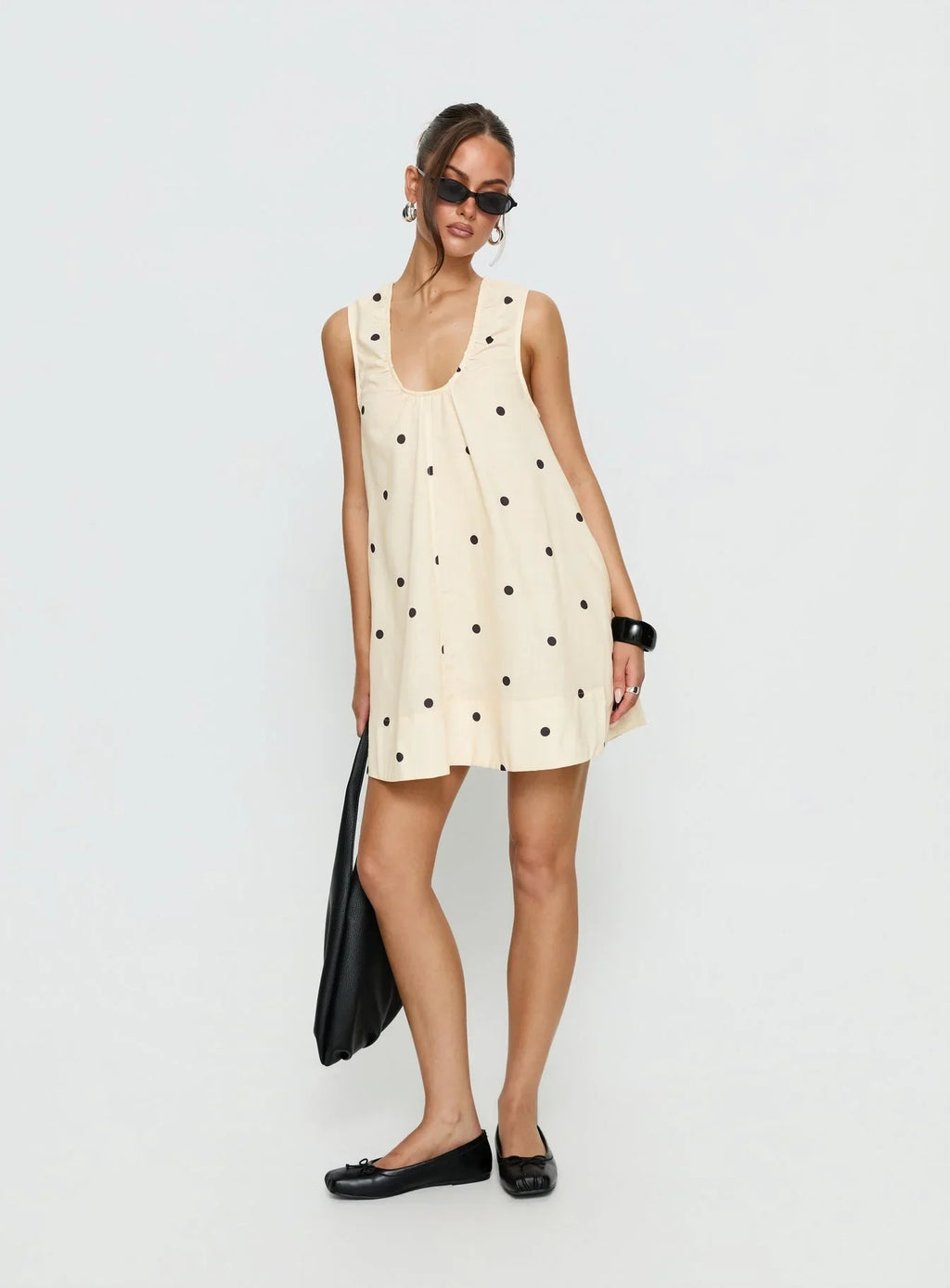 Eberta Ruched Baby Doll Mini Dress Yellow Polka Dot