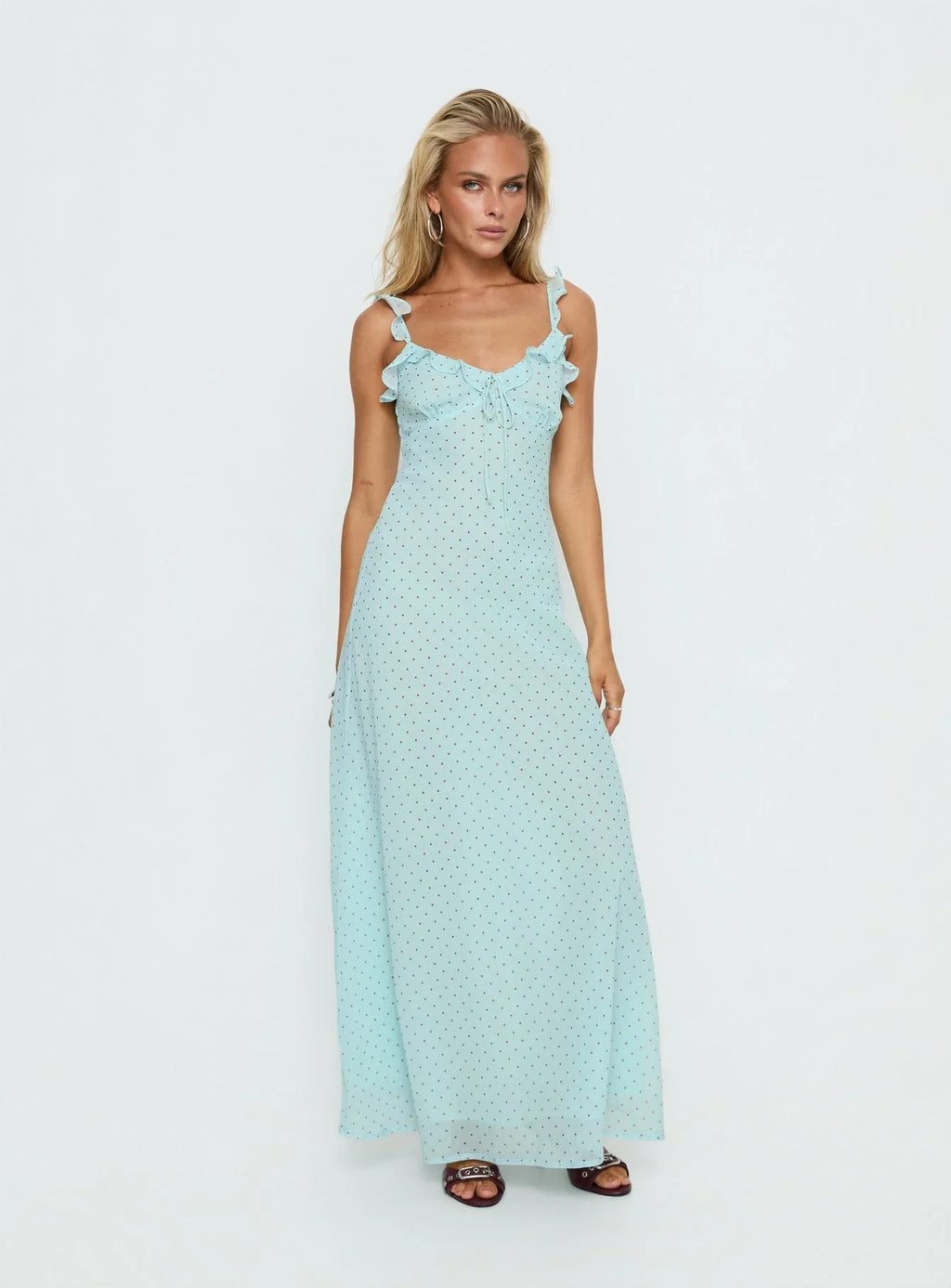 Aryelle Chiffon Frill Maxi Dress Blue Polka Dot
