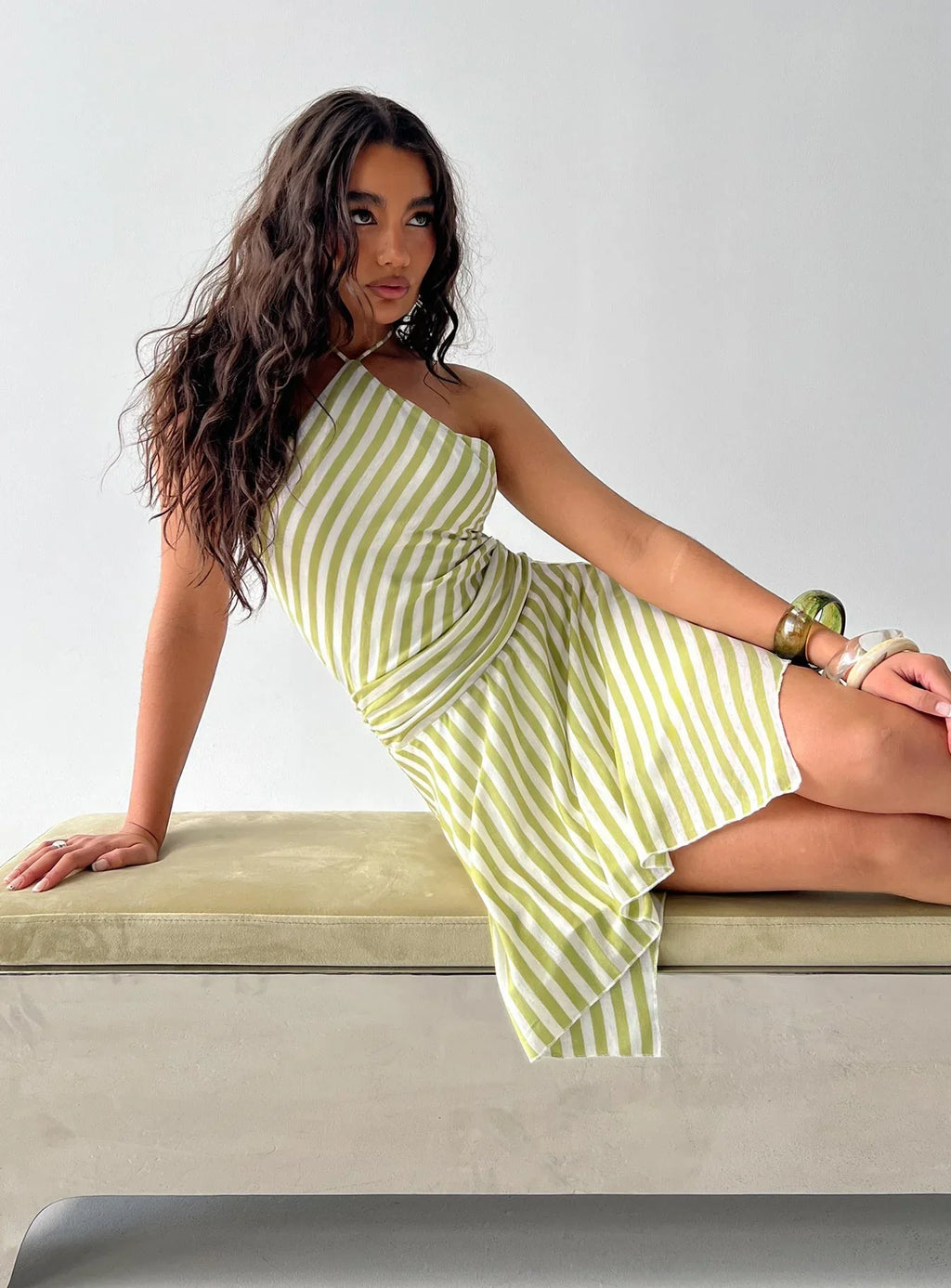 Sadana Arrowhead Asymmetrical Mini Dress Green Stripe