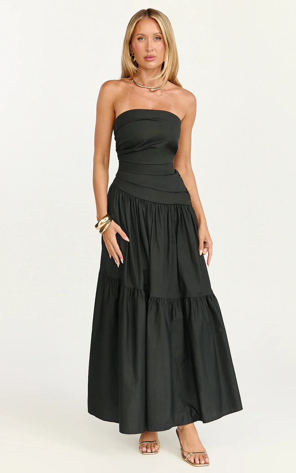 Cora Midi Dress - Strapless Dress in Black