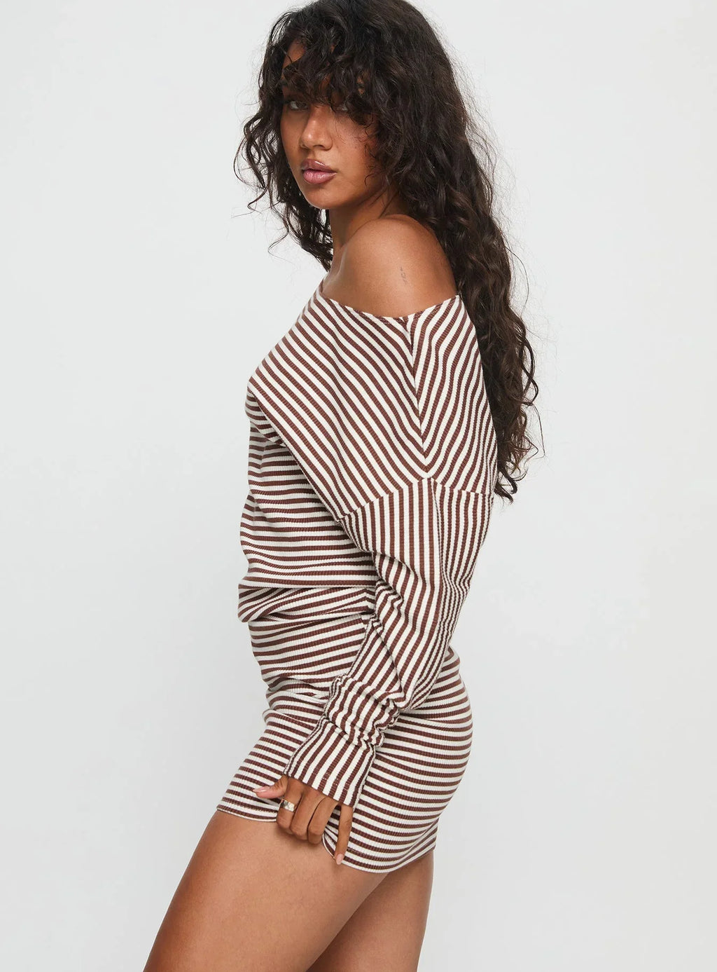 Caia Off Shoulder Long Sleeve Jersey Mini Dress Chocolate Stripe