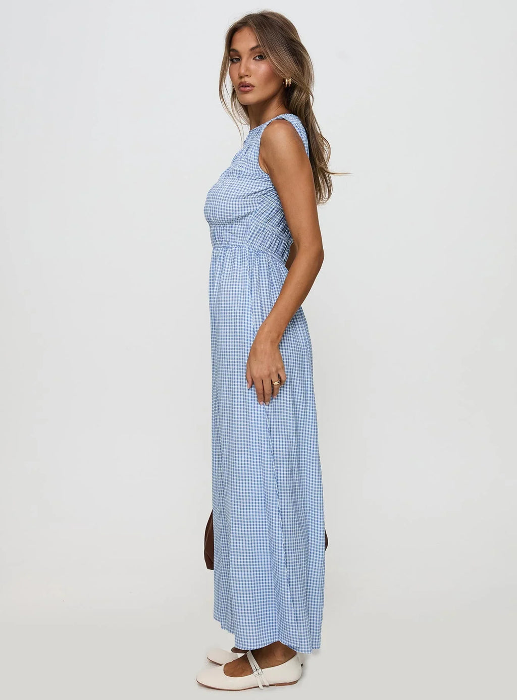 Fables Shirred Maxi Dress Blue Gingham