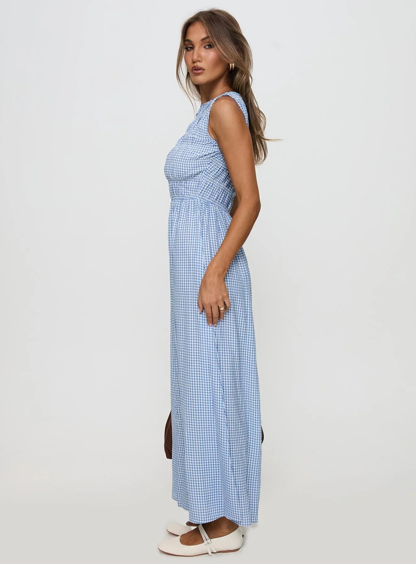Fables Shirred Maxi Dress Blue Gingham