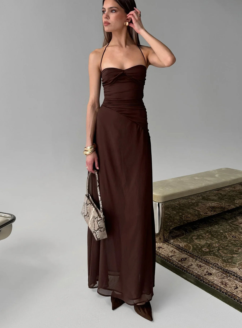 Kaemila Halter Chiffon Maxi Dress Brown