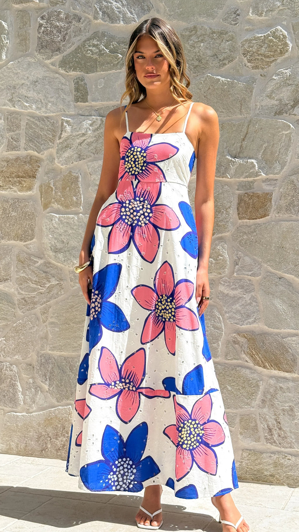 Norah Eyelet Maxi Dress - Botanic Blue/Pink Print