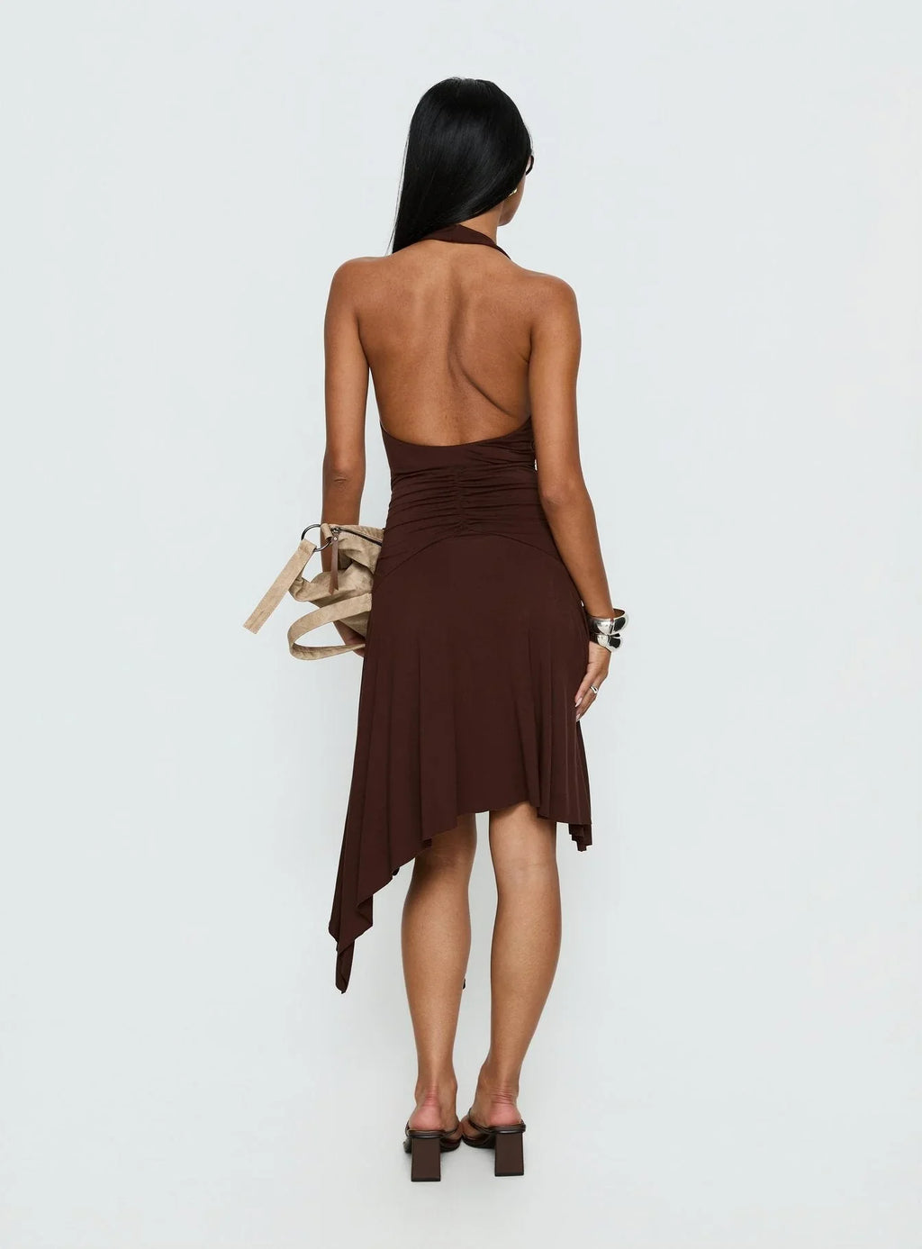 Moonlit Honey Asymmetrical Halter Jersey Midi Dress Chocolate
