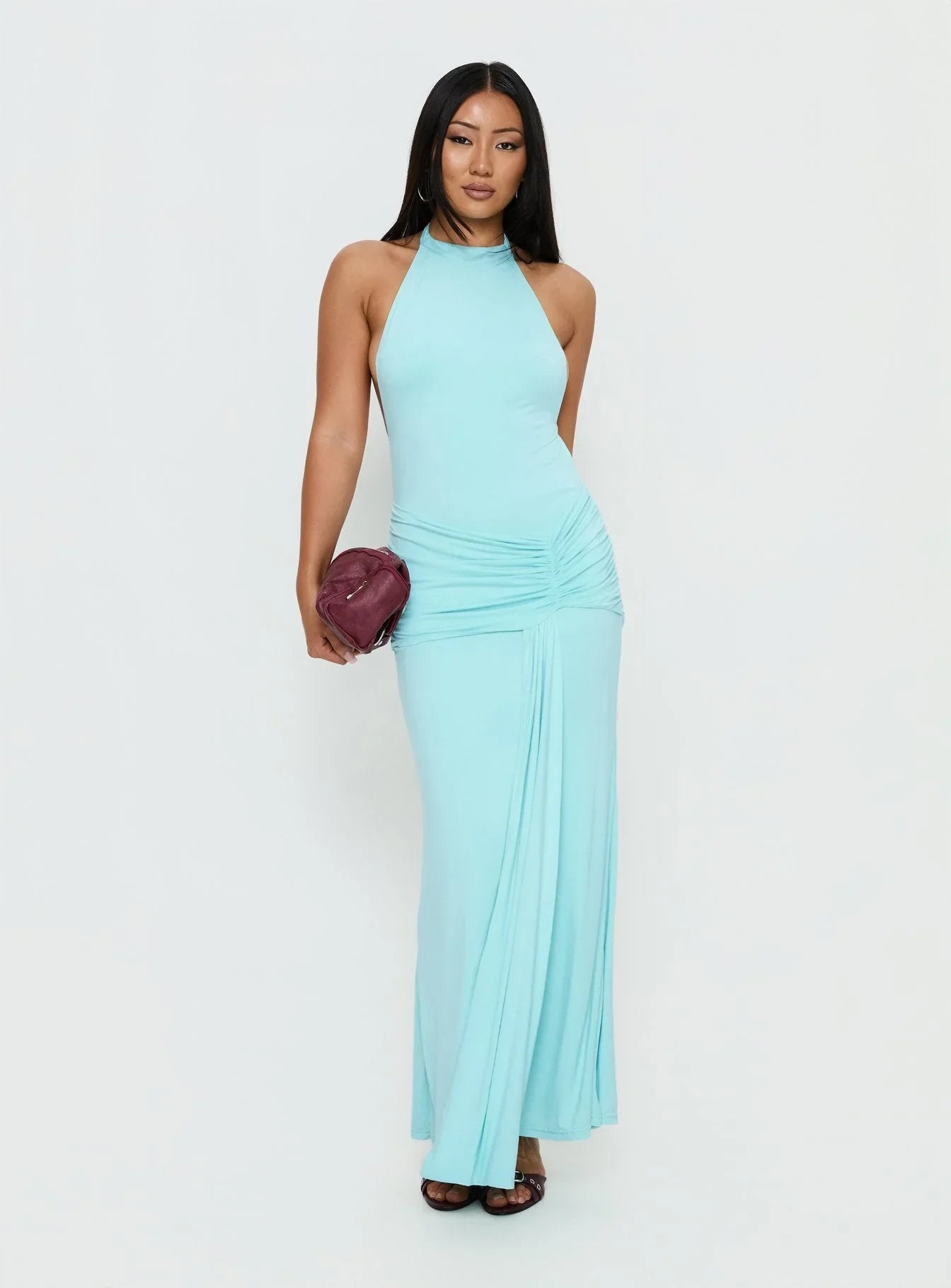 Aloise High Neck Draped Maxi Dress Cyan
