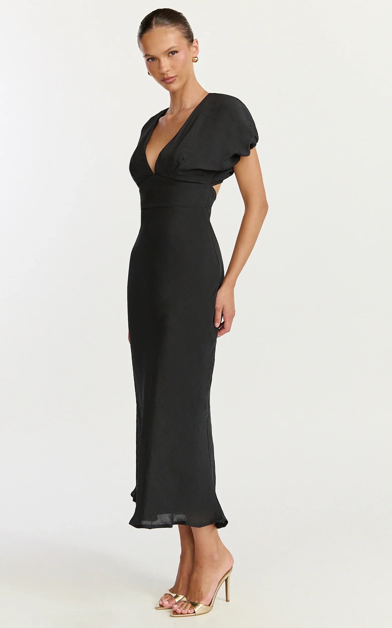 Desiree Midi Dress - V Neck Flutter Short Sleeve Slip Dress in Black