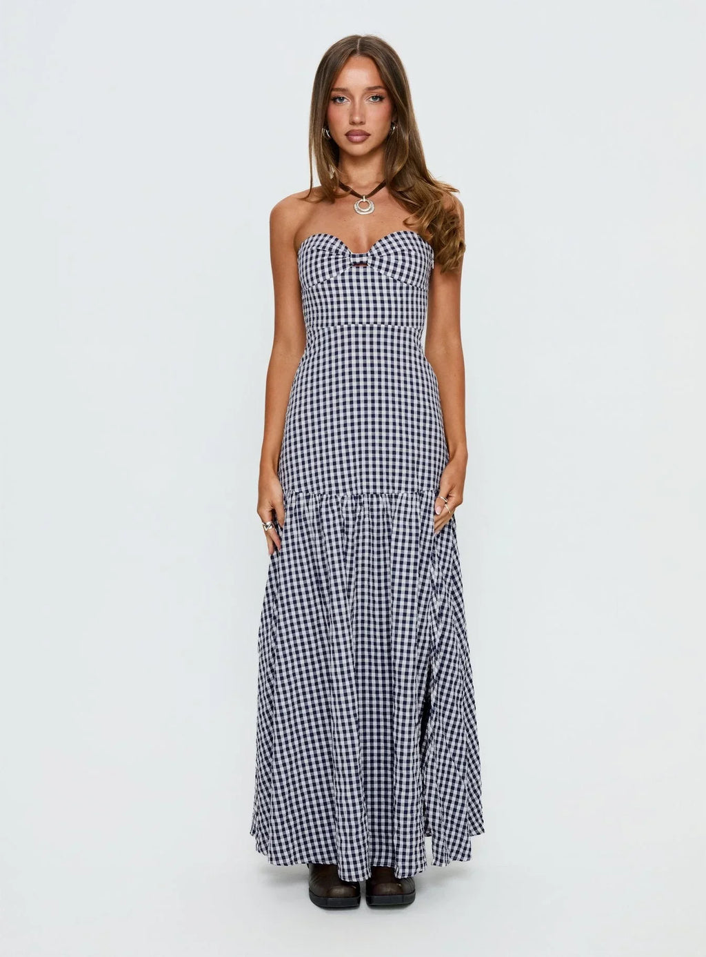 Luckystar Strapless Sweetheart Maxi Dress Navy Gingham