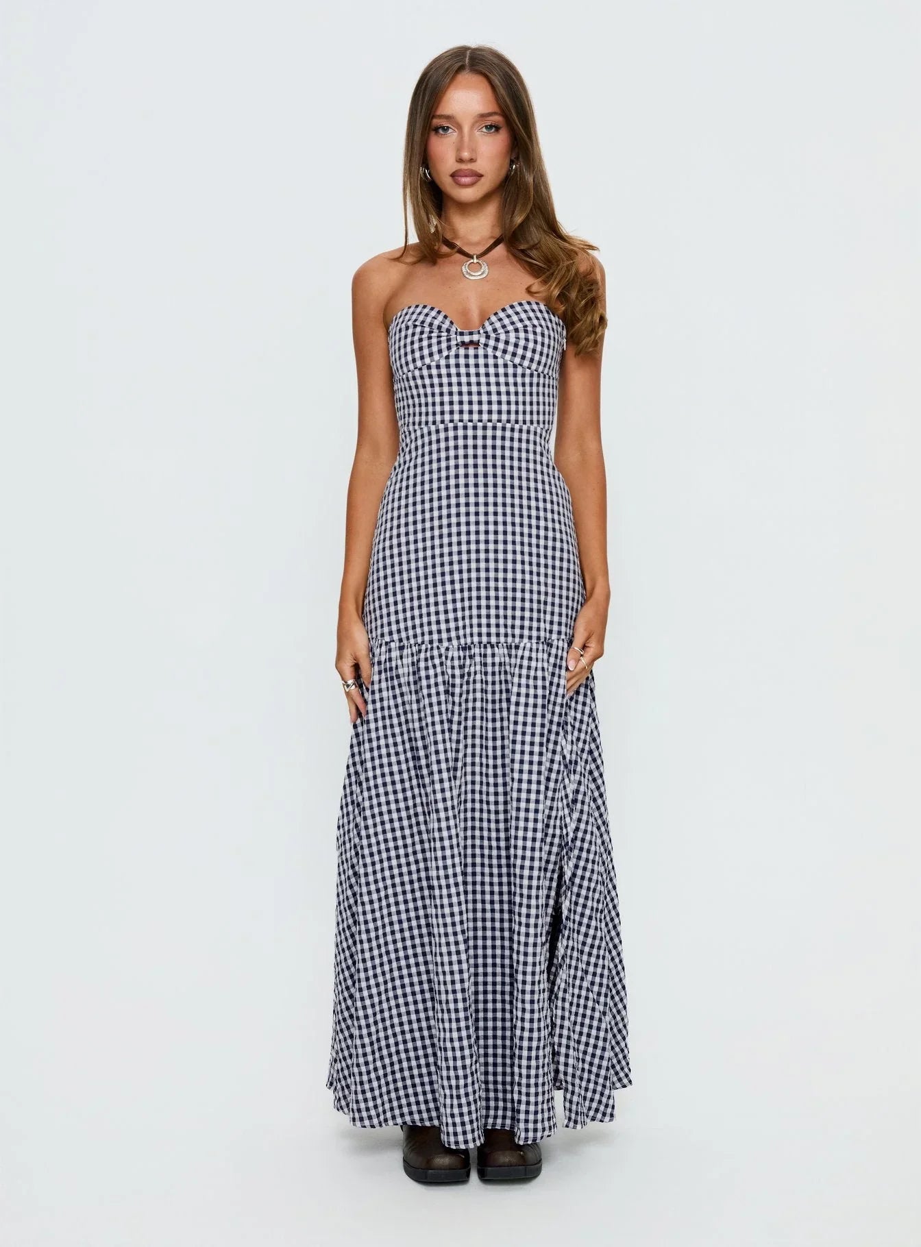 Luckystar Strapless Sweetheart Maxi Dress Navy Gingham