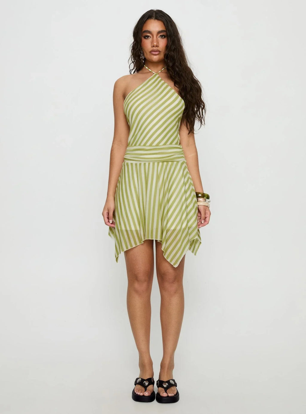 Sadana Arrowhead Asymmetrical Mini Dress Green Stripe