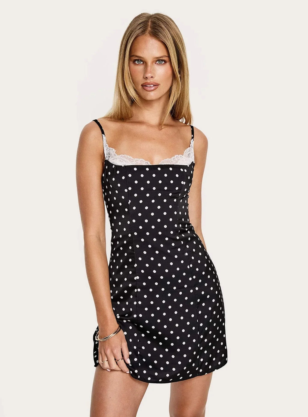 Renaissance Corset Lace Mini Dress Black / White Polka Dot
