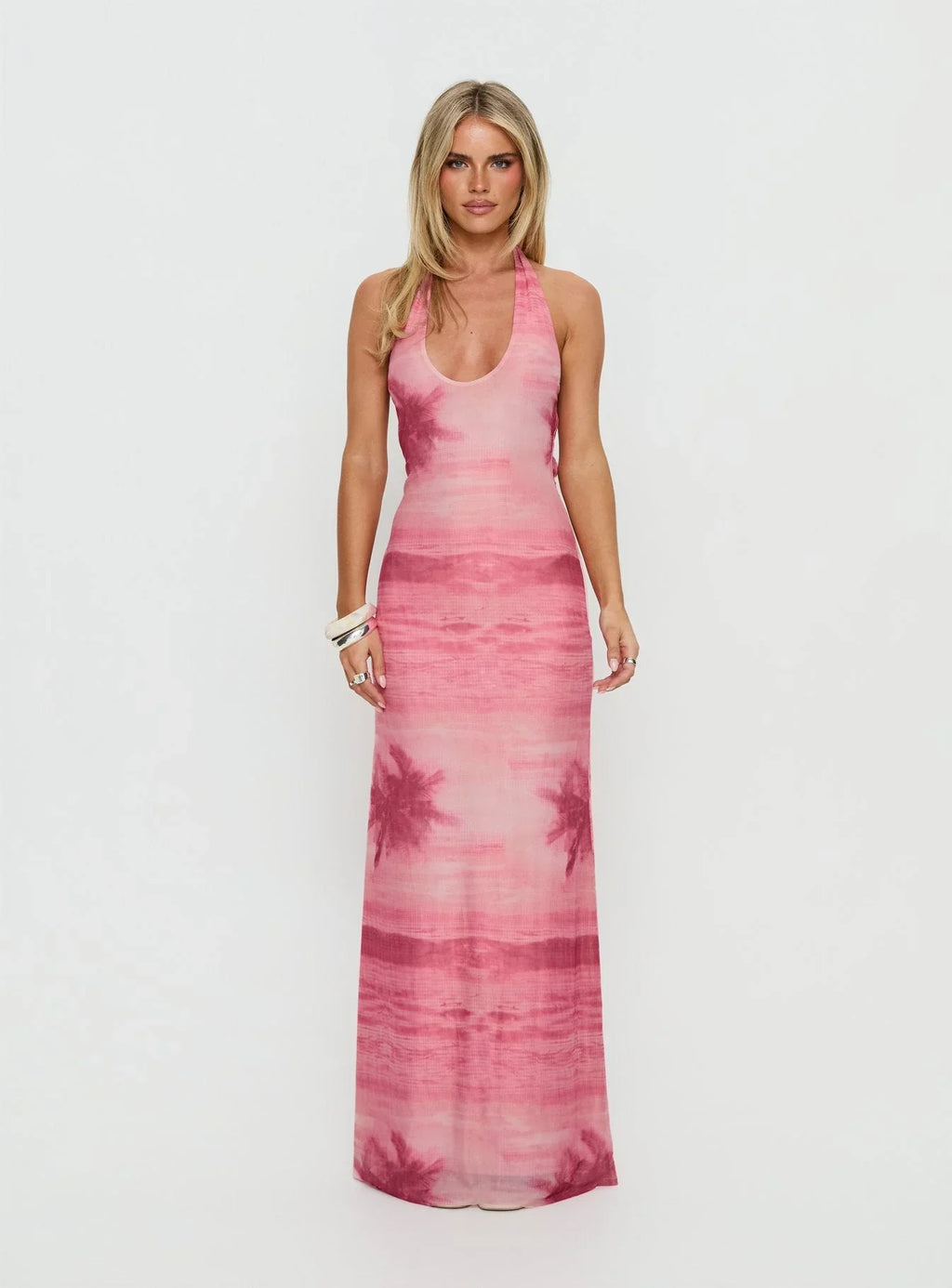 Amelina Halter Maxi Dress Pink Palm Tree Multi