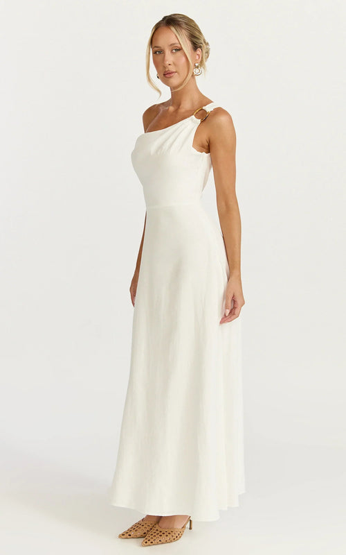 Amber Midi Dress - Off The Shoulder Hardware Detail A Line Dress in White
