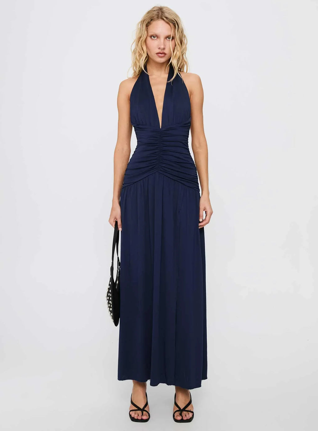 Diona Halter Ruched Maxi Dress Navy