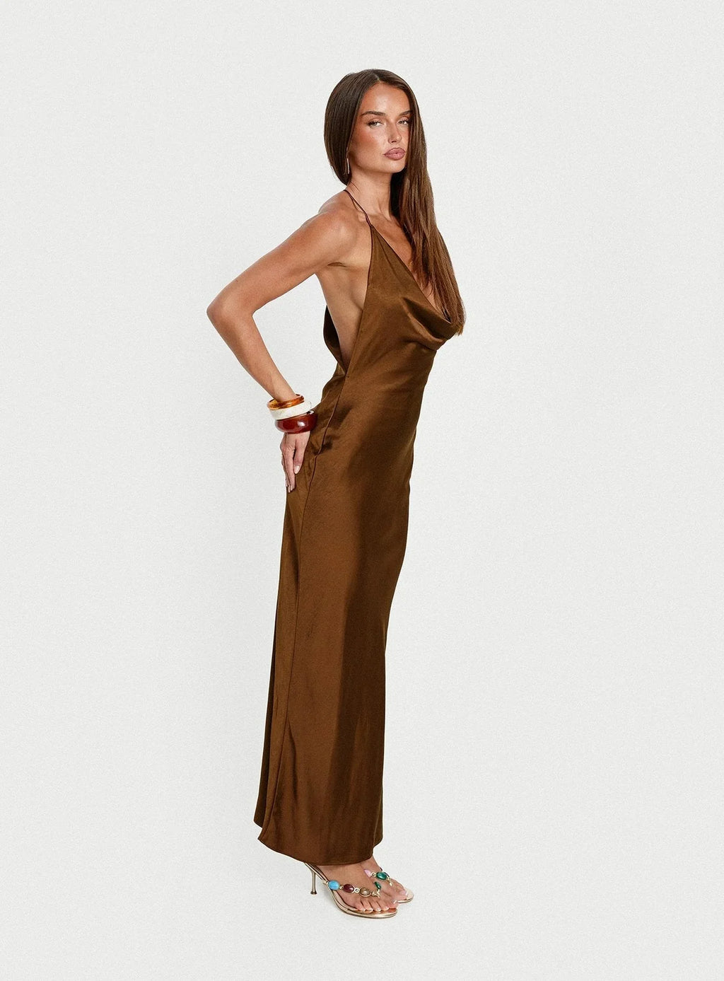 Anjelina Halter Plunge Maxi Dress Chocolate Brown