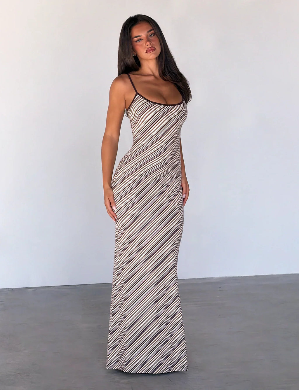 SLOANE MAXI DRESS - TAN AND CHOC STRIPE