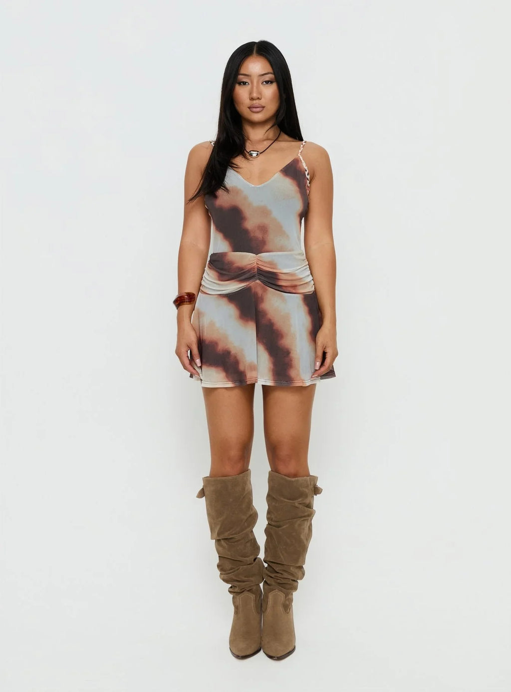 Milanie Ruched Mini Dress Brown / Orange Stripe