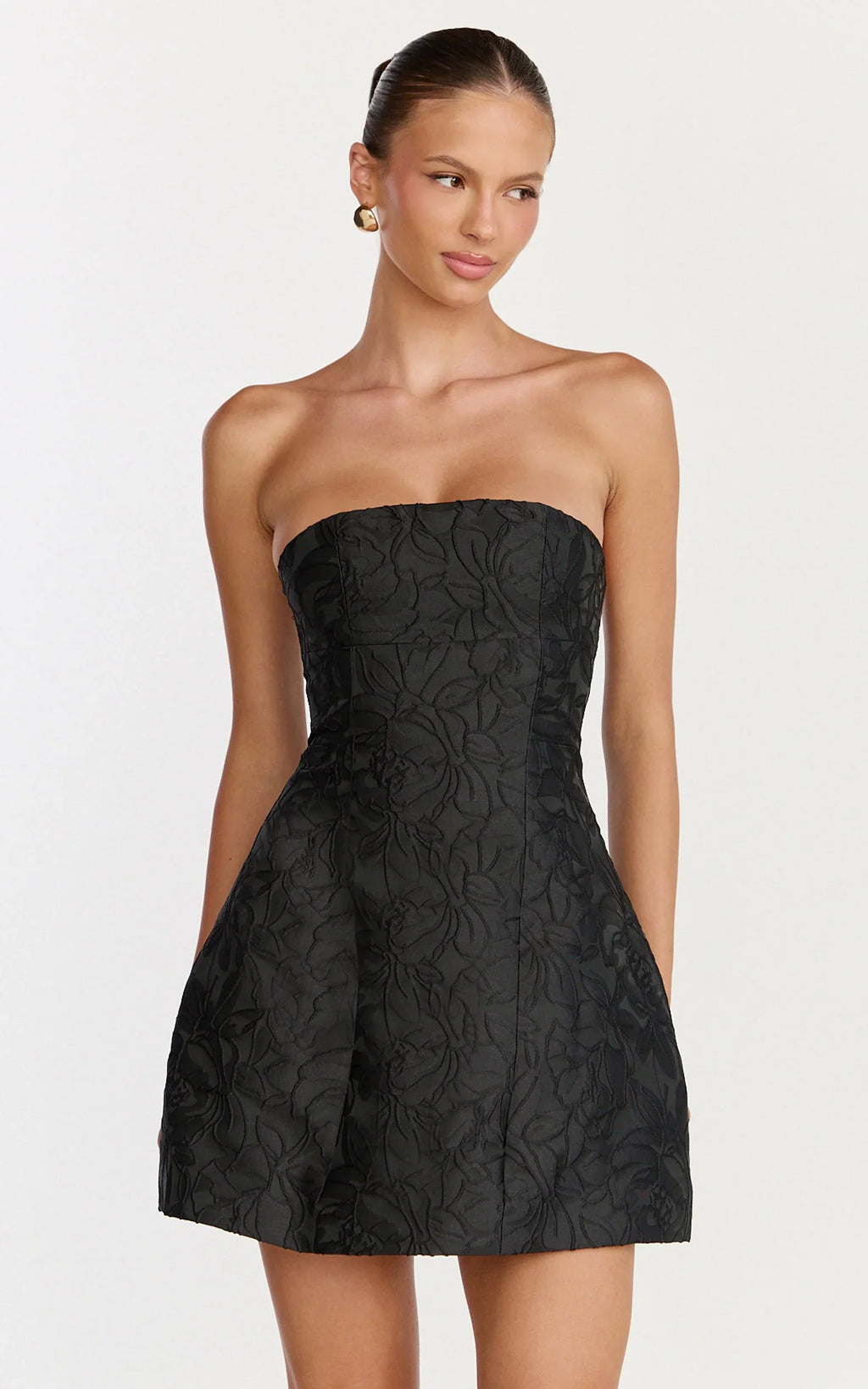 Rosalie Mini Dress - Strapless Jacquard Floral Mini Dress in Black