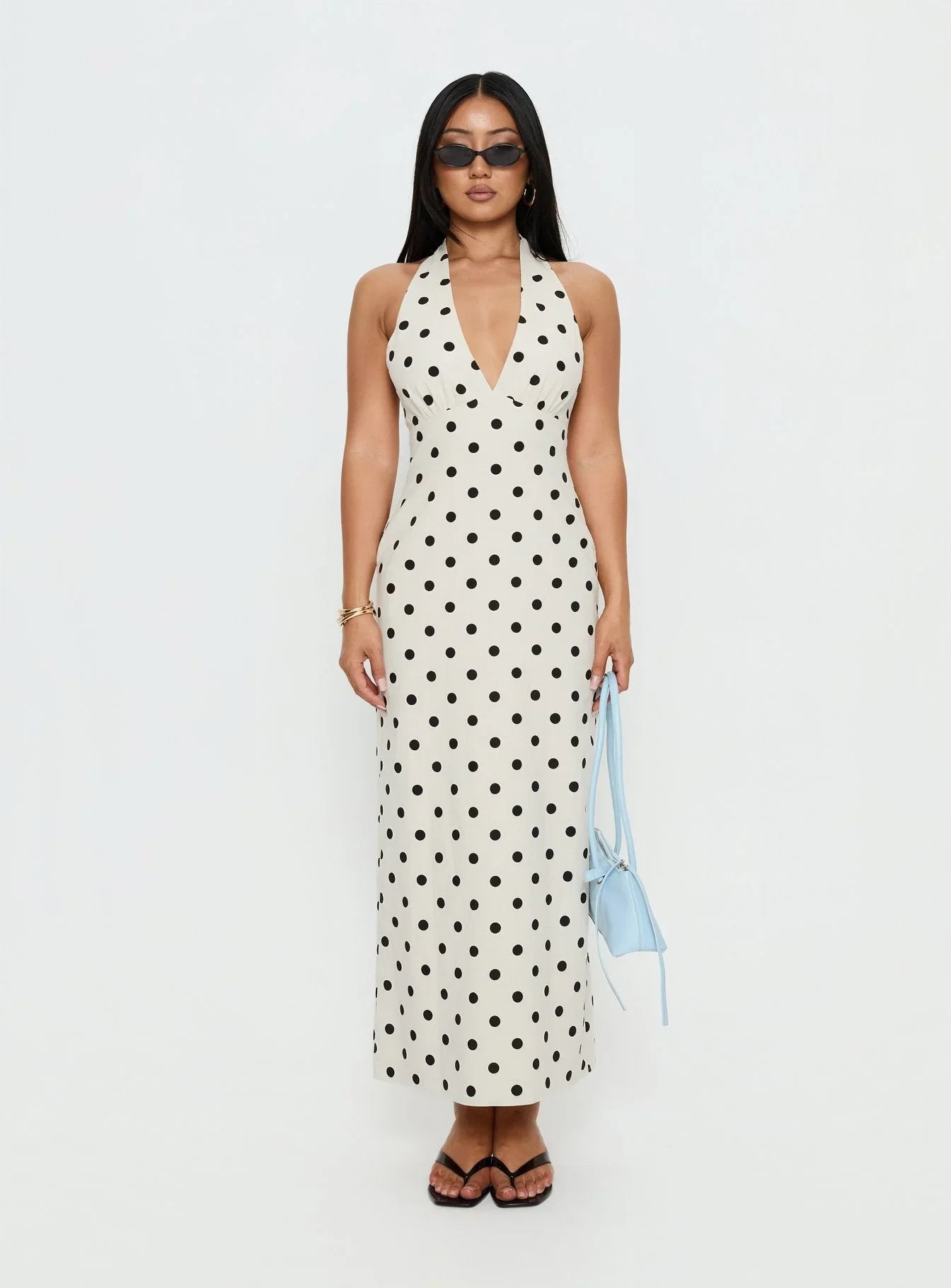 Delphinia Halter Maxi Dress Cream Polka Dot