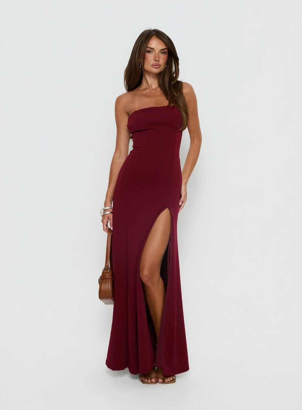 Diamanti Strapless High Slit Maxi Dress Burgundy